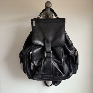 Black Leather Drawstring Backpack Messenger Bag Commuter Travel Carry-On Tote